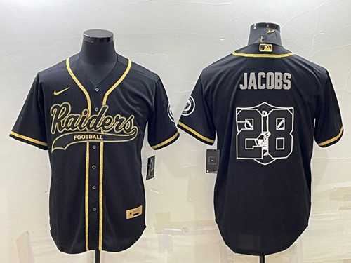 Men%27s Las Vegas Raiders #28 Josh Jacobs Black Gold Team Big Logo With Patch Cool Base Stitched Baseball Jersey->las vegas raiders->NFL Jersey